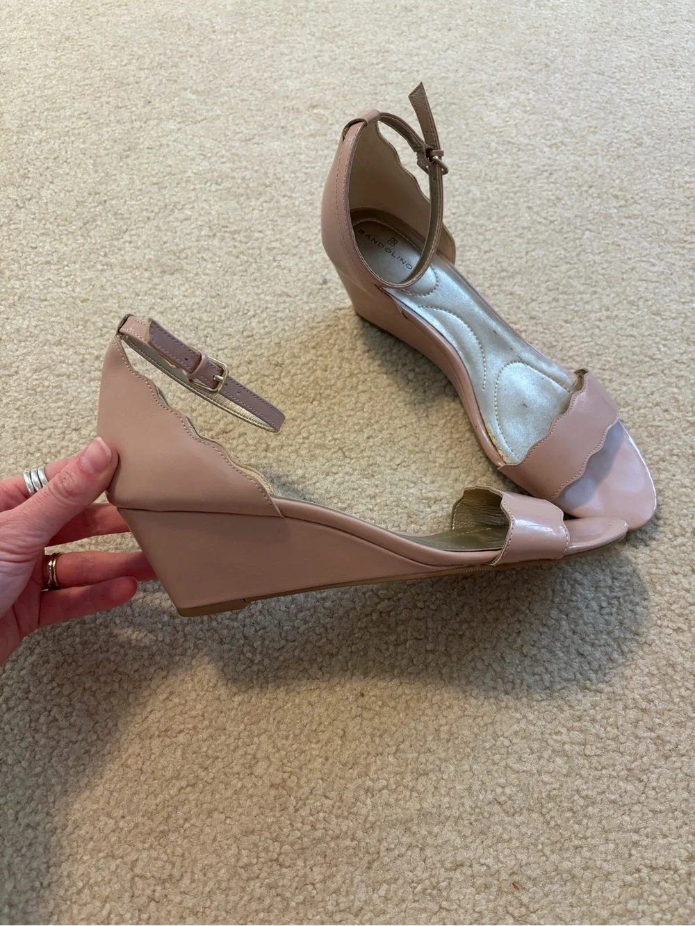 Bandolino Women's Pink Tan Scalloped Ankle Strap Wedge Sandals Size 9